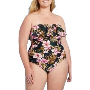 Kona Sol Tropical Floral Strapless OnePiece Full Coverage Ruffle Bust Ruched 18W